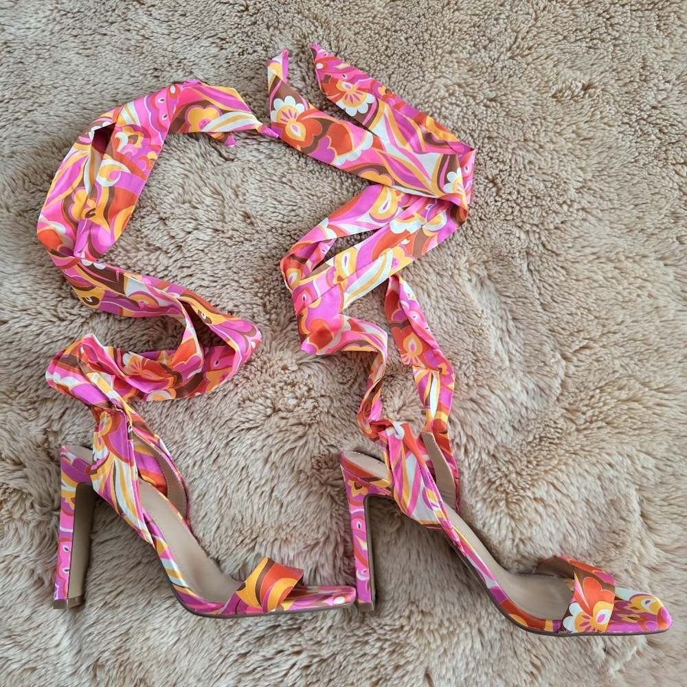 Vibrant Floral Sating Lace Up Strappy Heels